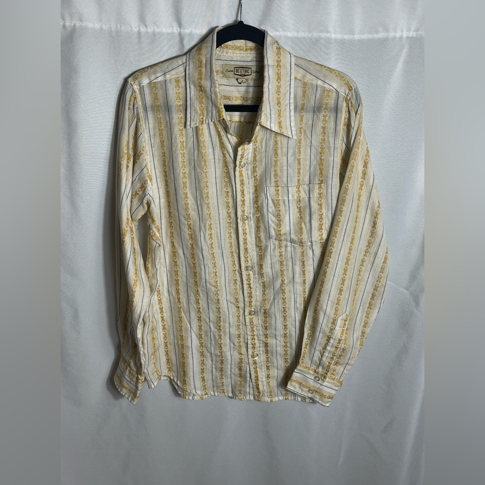 BC Ethic Striped Button Down Shirt Cream Yellow Boho Long Sleeve Men's Small
